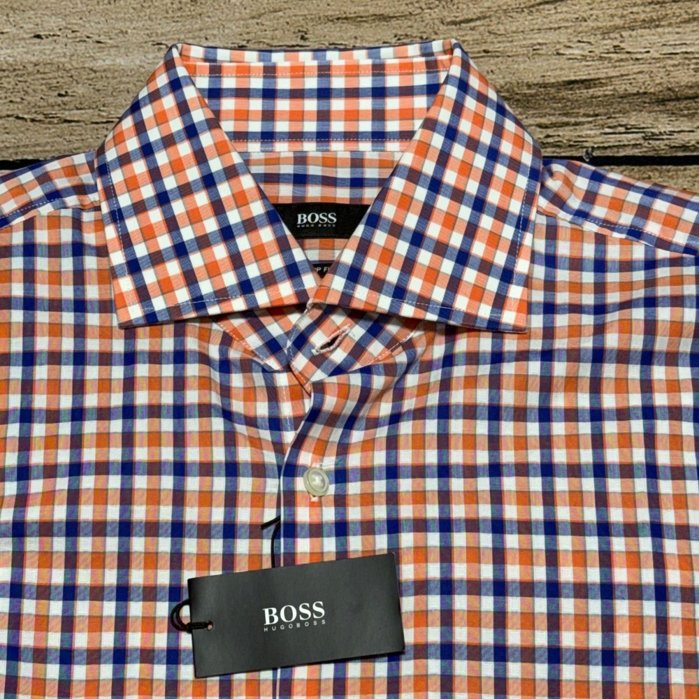 Hugo Boss Dress Shirt Mens 15.5 32/33 Orange Blue Gingham Sharp Fit Miles US NWT